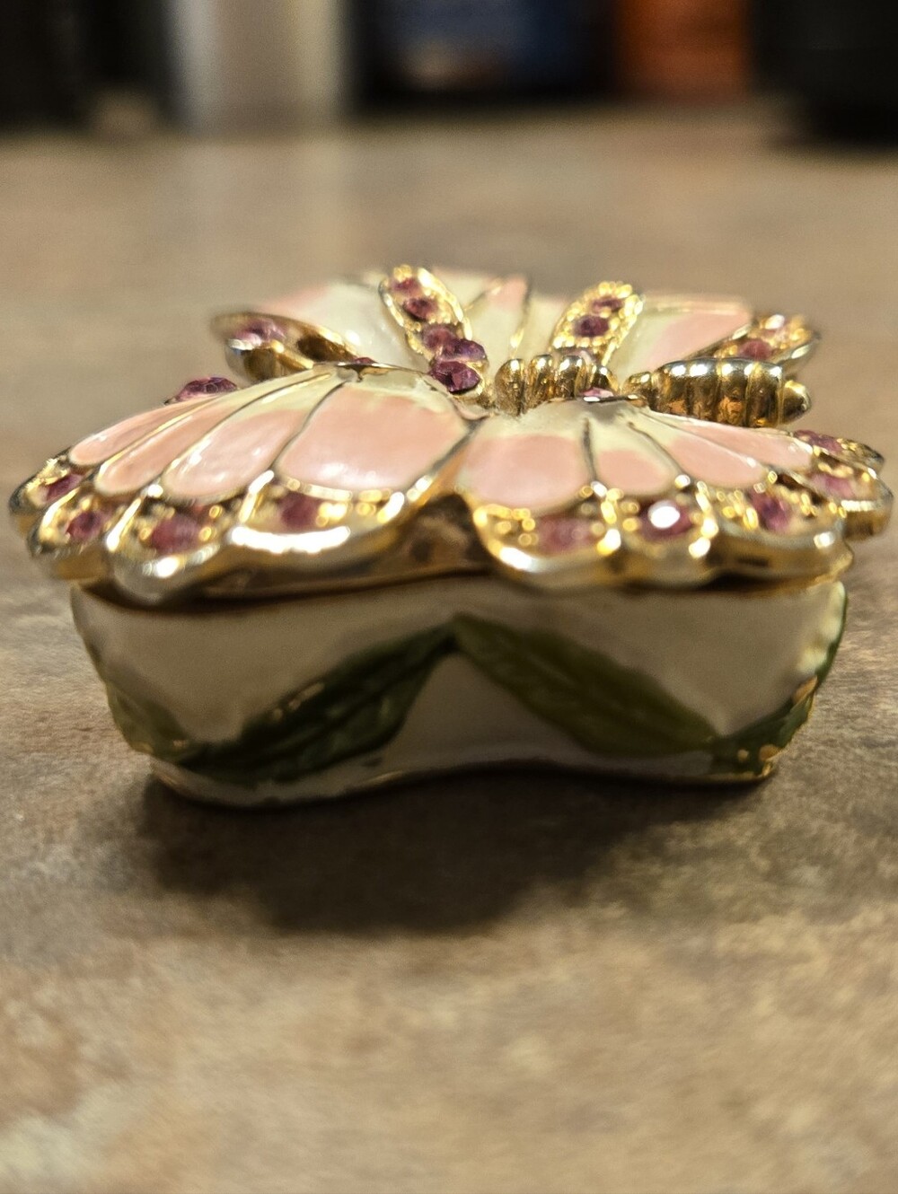 Gold Tone Pink Butterfly Trinket Box with Pink Crystals - Picture 6 of 7